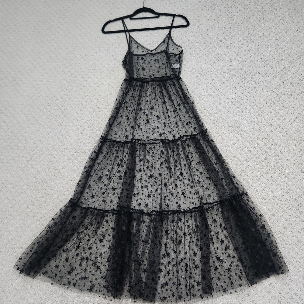 Black Sheer Mesh Star Print Maxi Dress Celestial V-Neck Sleeveless size Small